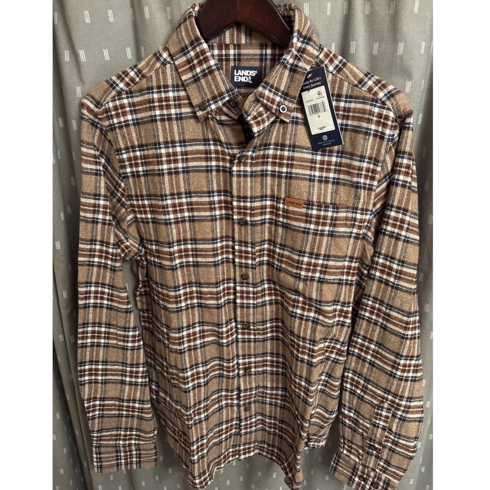 Lands End Mens Plaid Flannel Shirt Brown Heather Cotton Button Down Small NWT